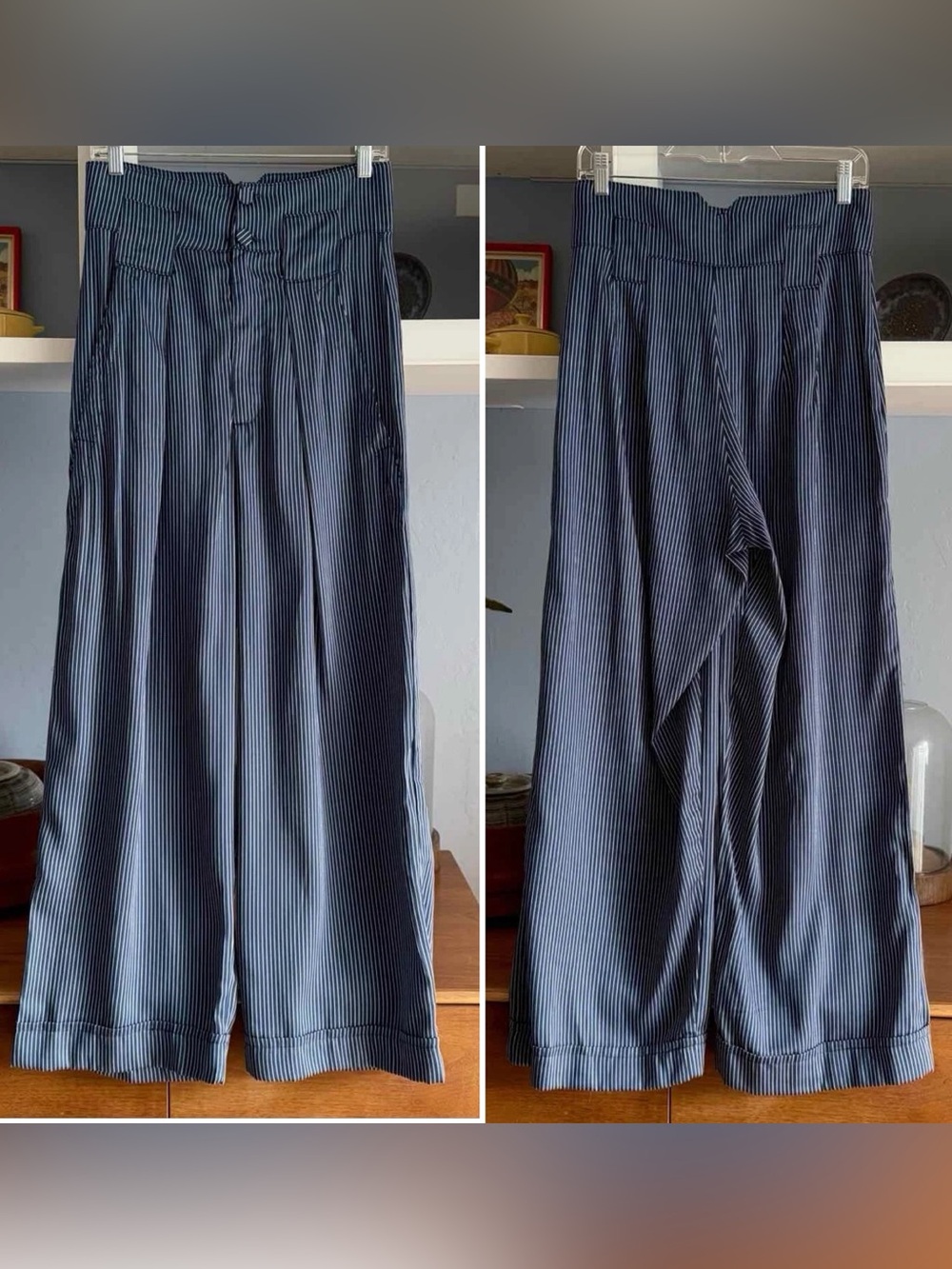 Vanessa Mooney Navy striped high waisted wide leg trousers M